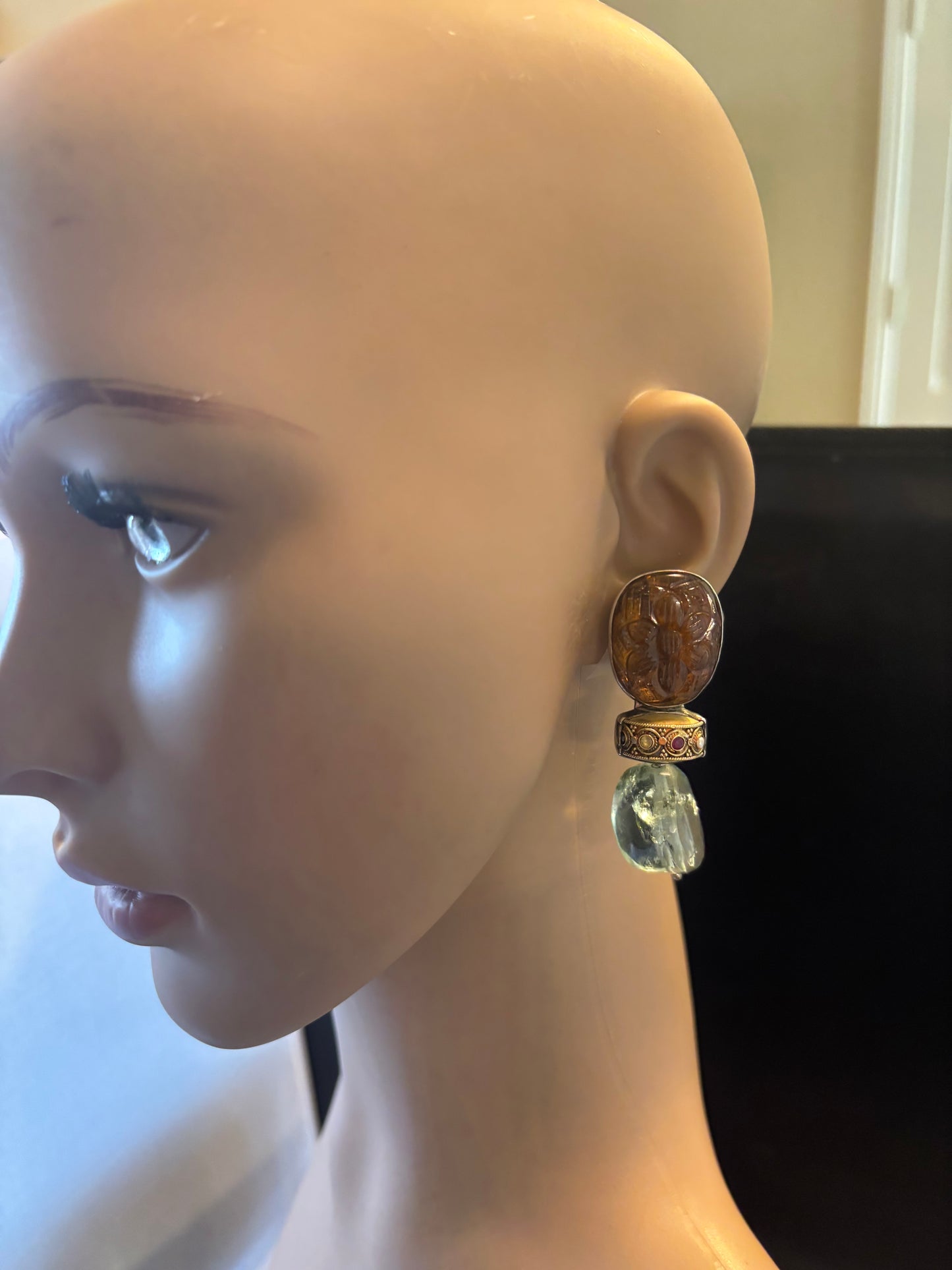 Carved Citrine, 24K Gold dowry bead, Aquamarine dangle earring