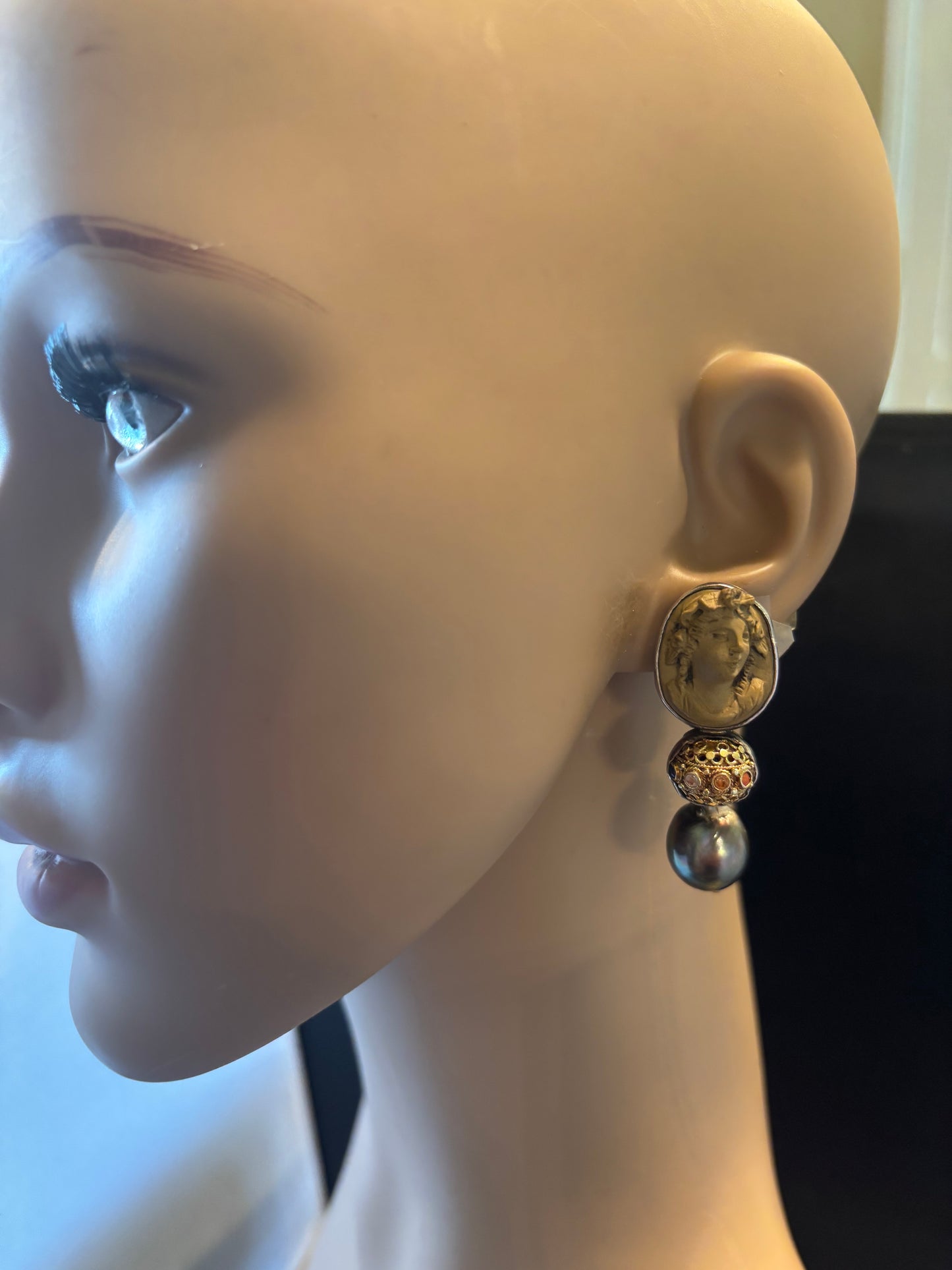 Vintage Gray Cameo, 24 kt. Dowry bead, South Sea Pearl Dangle Earring