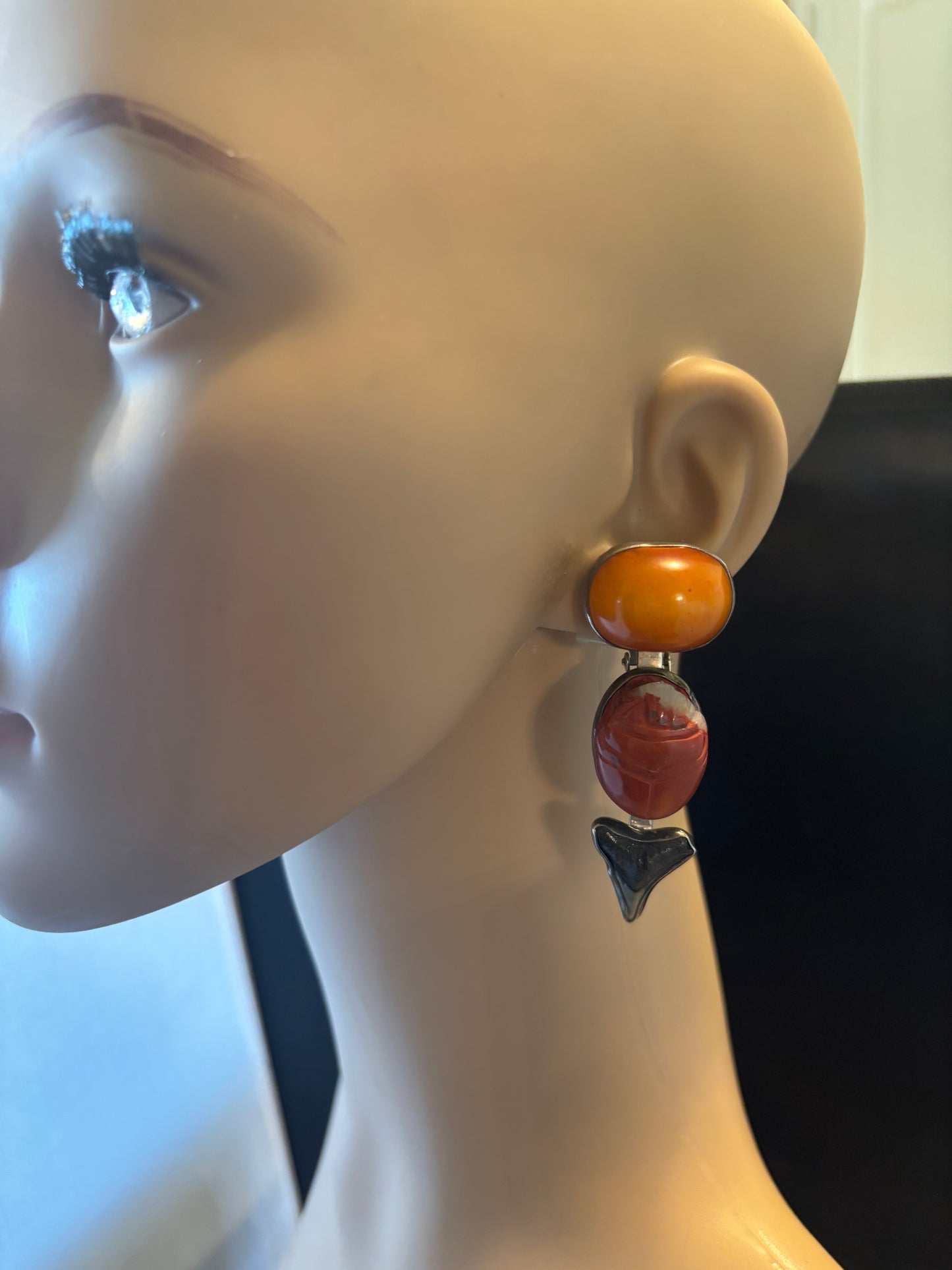 Amber, Scarab, Shark tooth Dangle Earring