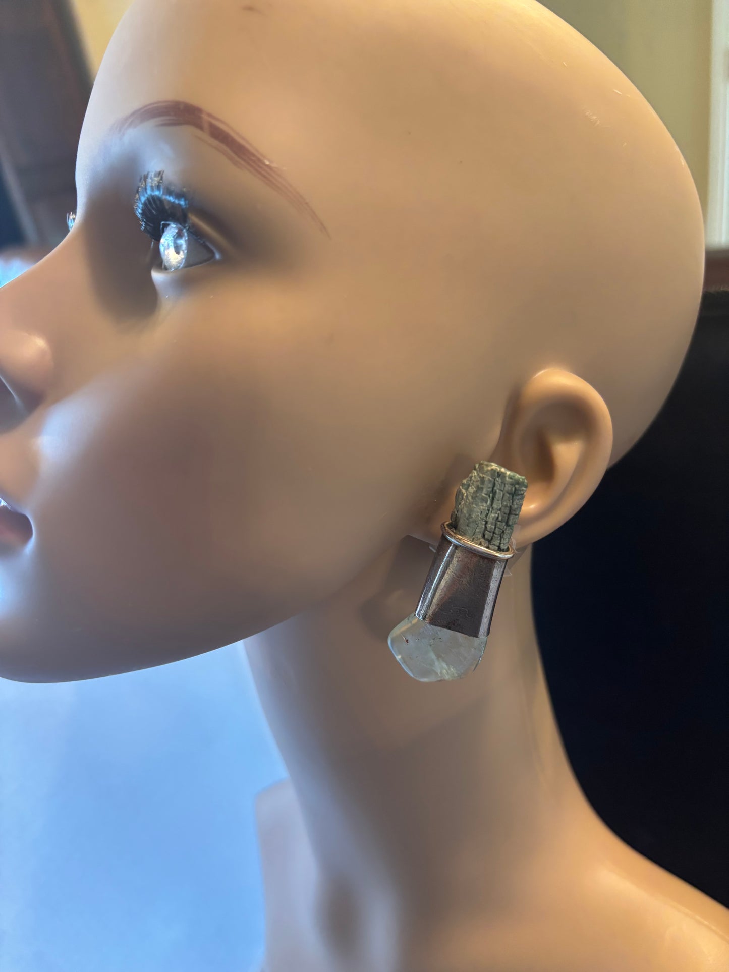 Rare Green Petrified Wood, Blue Topaz Earring
