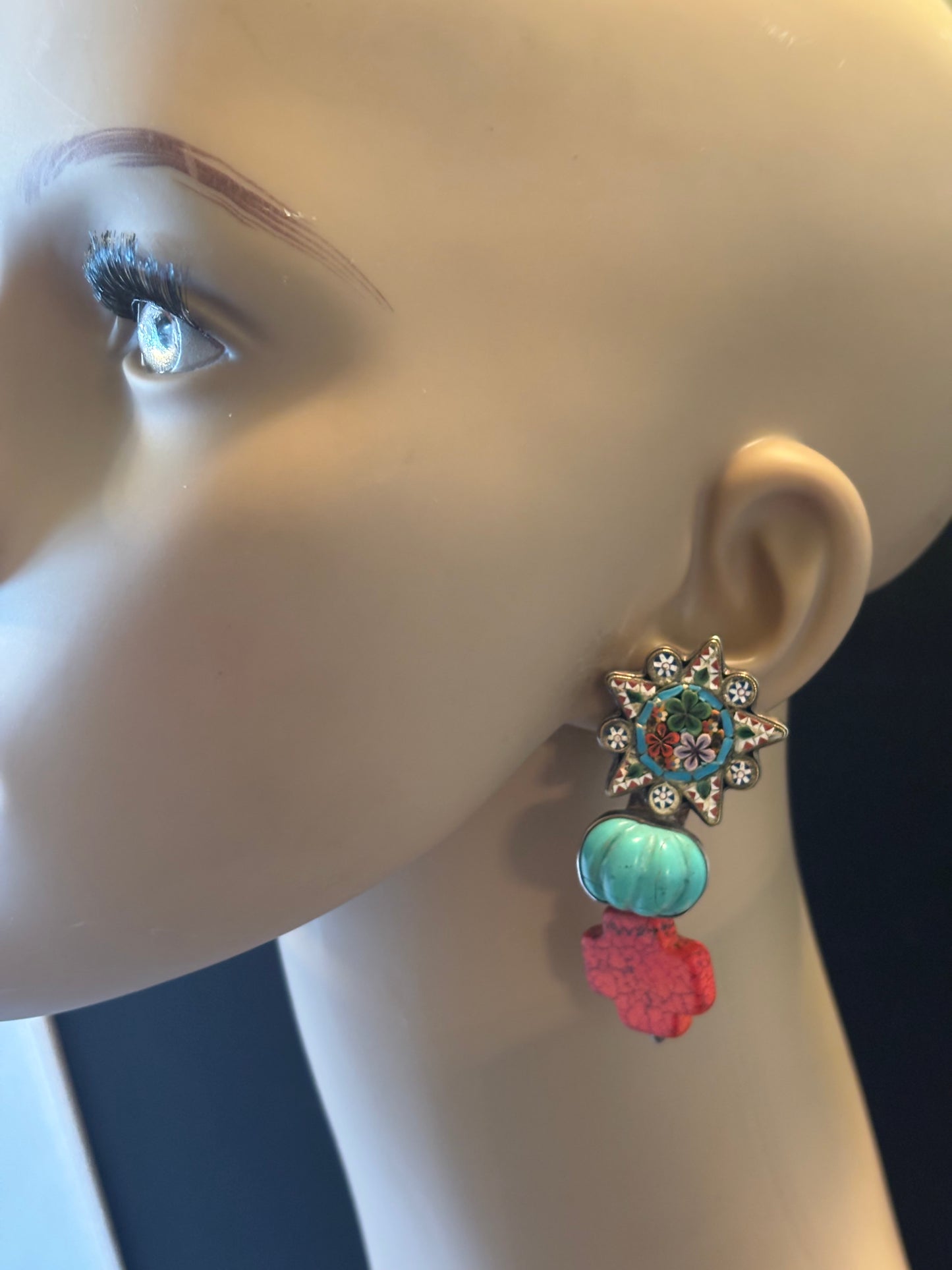 Micro Mosaic, Turquoise, & Coral Dangle Earring