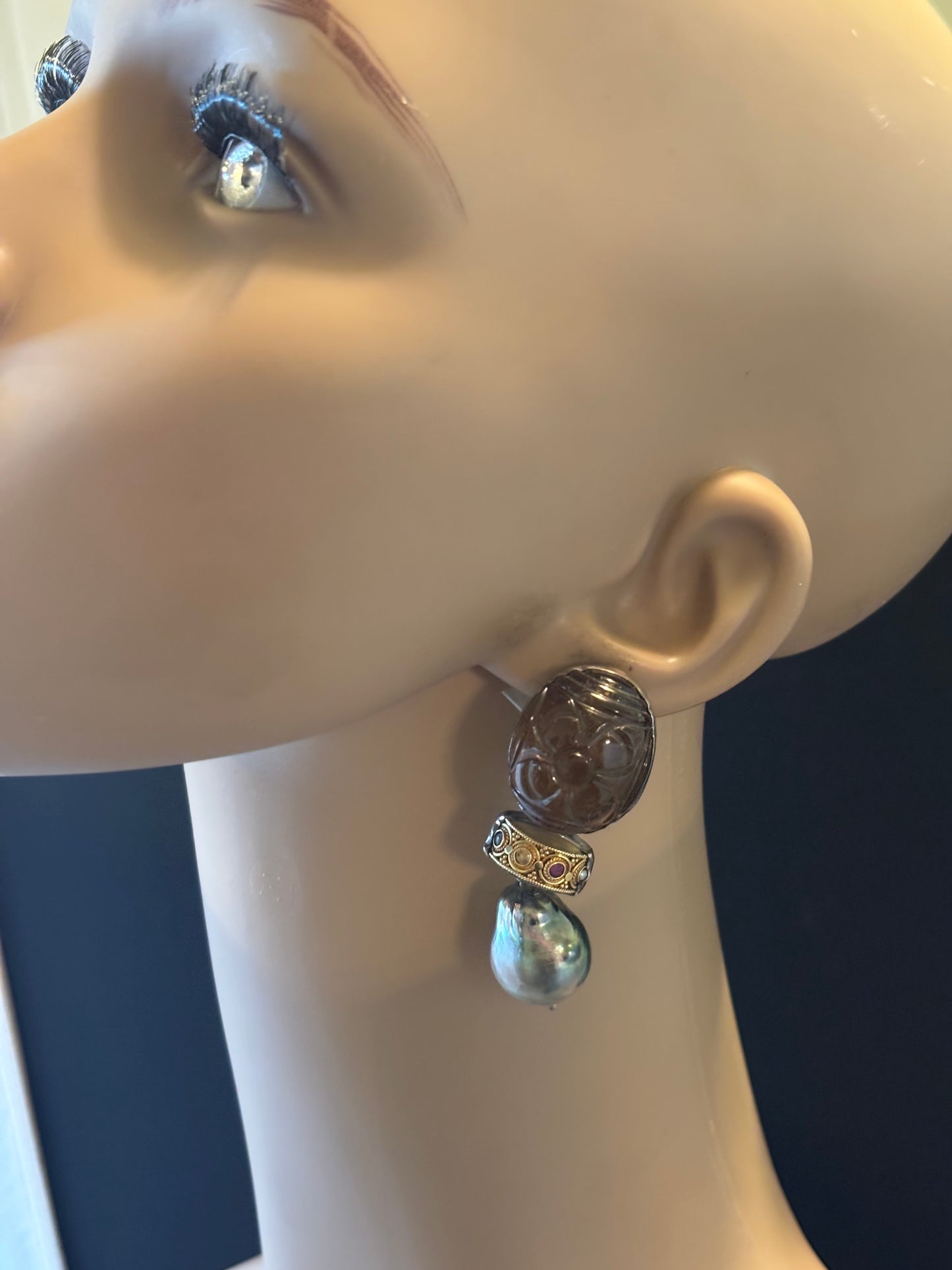 Carved Flower Citrine, 24K Dowry bead, Gray South Sea Pearl