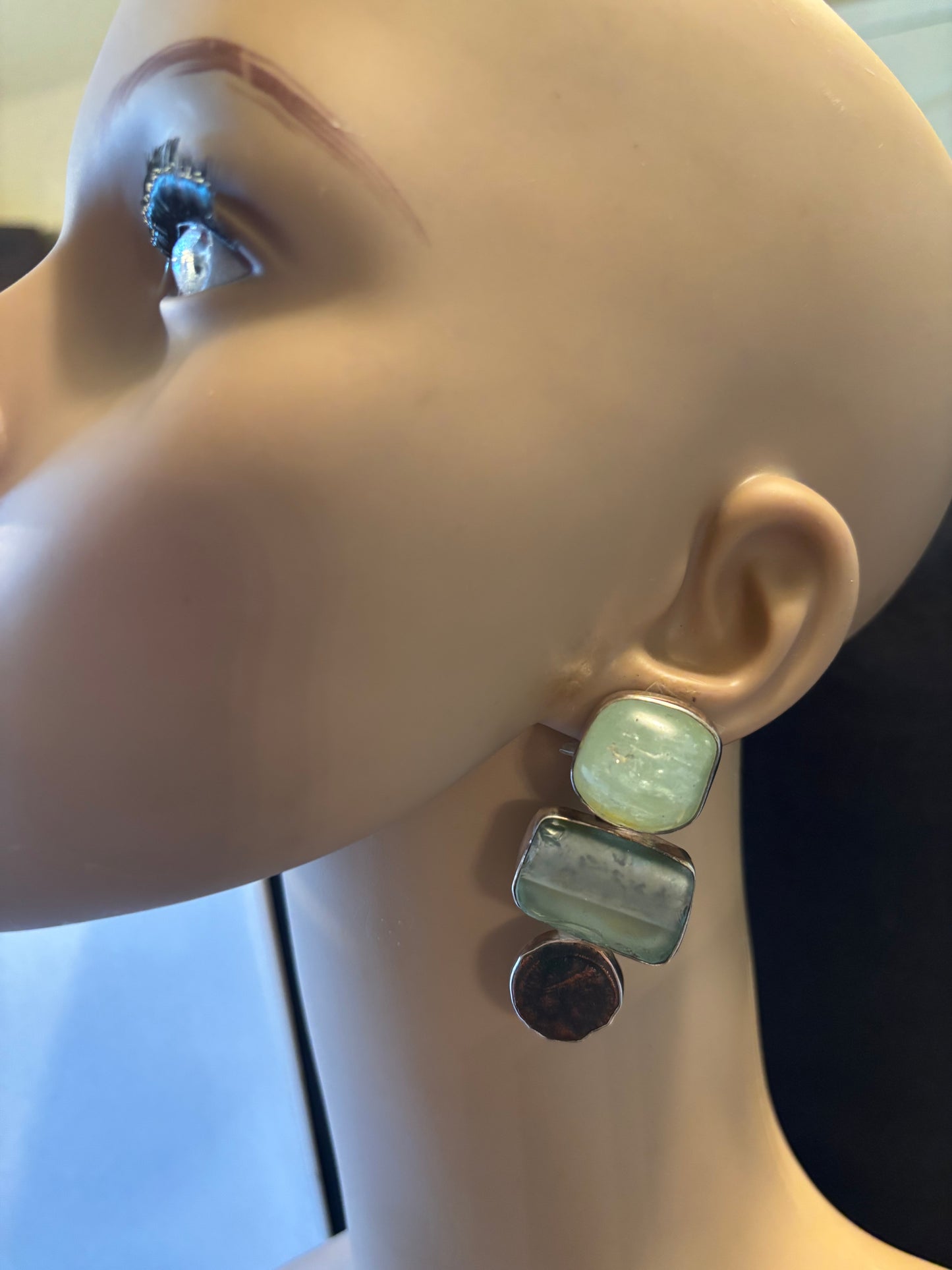Aquamarine, Japanese glass, Old Roman Coin Earring
