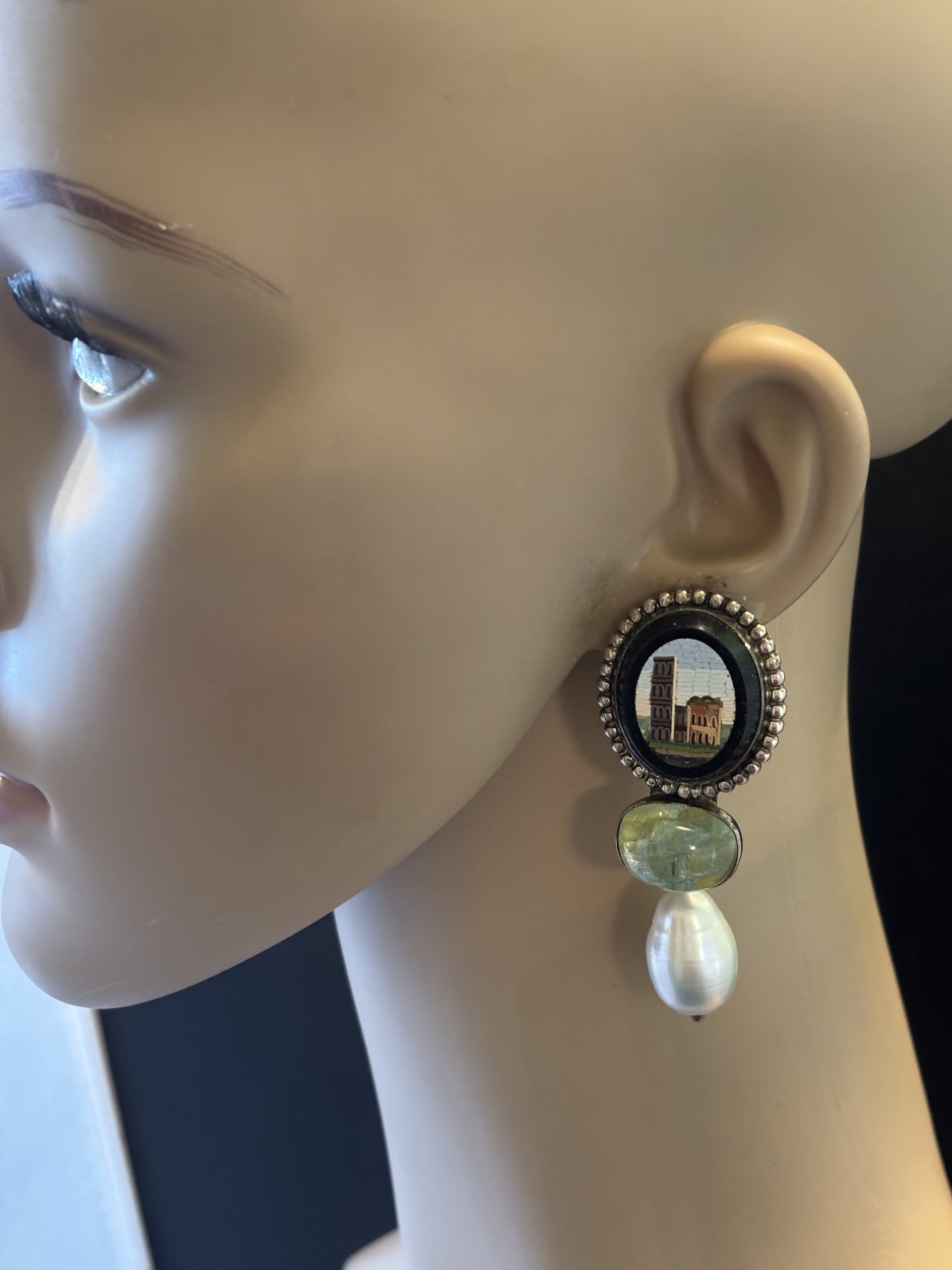 Micro mosaic, Aquamarine, Biwa Pearl Earring