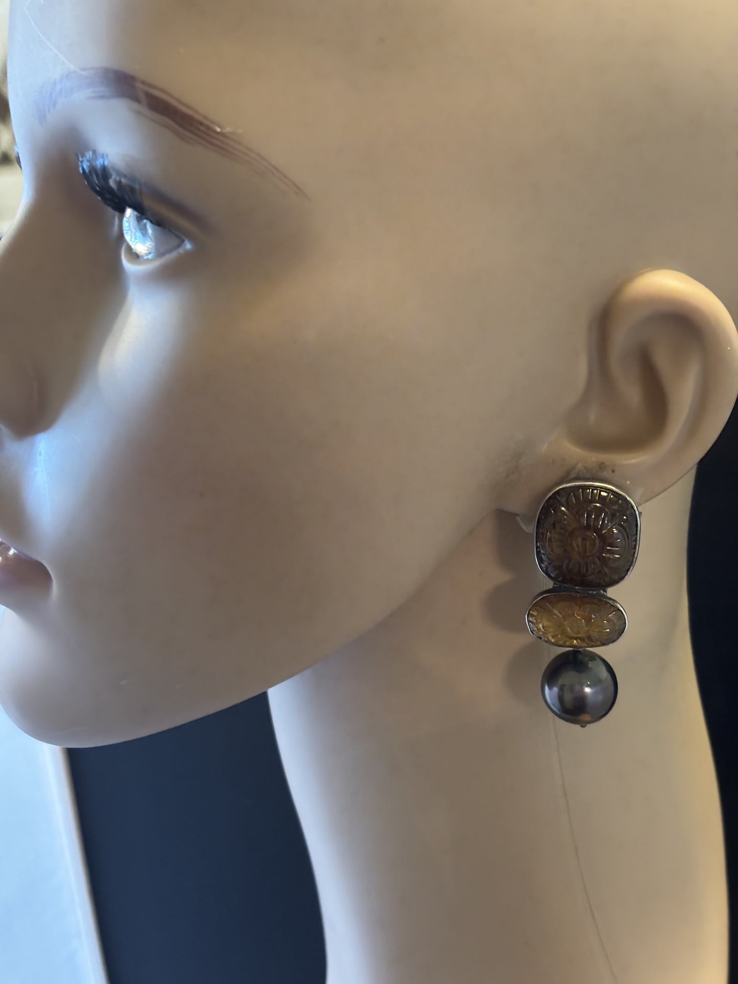 Carved Smokey Quartz, Citrine Quartz, Dark pearl earring