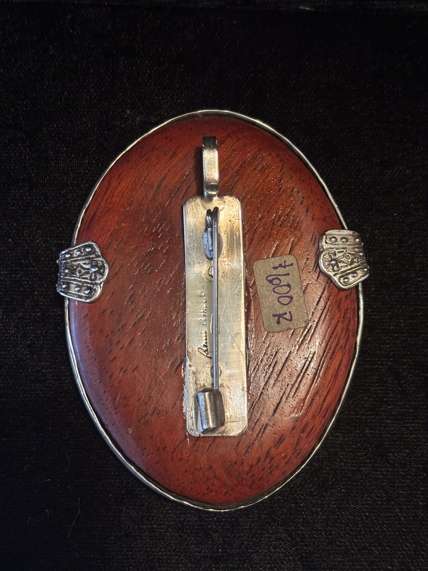Panagia "Our Lady of the Sign", Eastern Orthodox Christian icon depicting the Virgin Mary and the Christ Child Sterling Silver Icon, Petrified Wood Pin