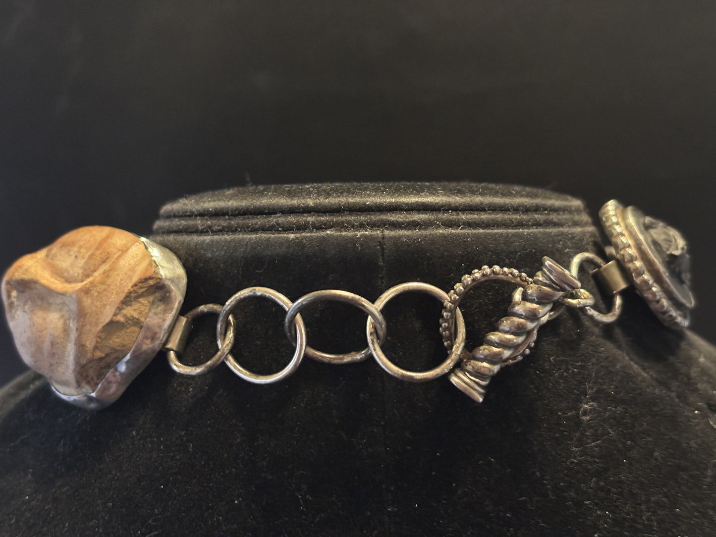 Columbian Artifact, Cameo Lava Stone, Pearl, Mother of Pearl Gamins, Pearl, Topaz, Ruby, Petrified Wood, Lava Stone Necklace