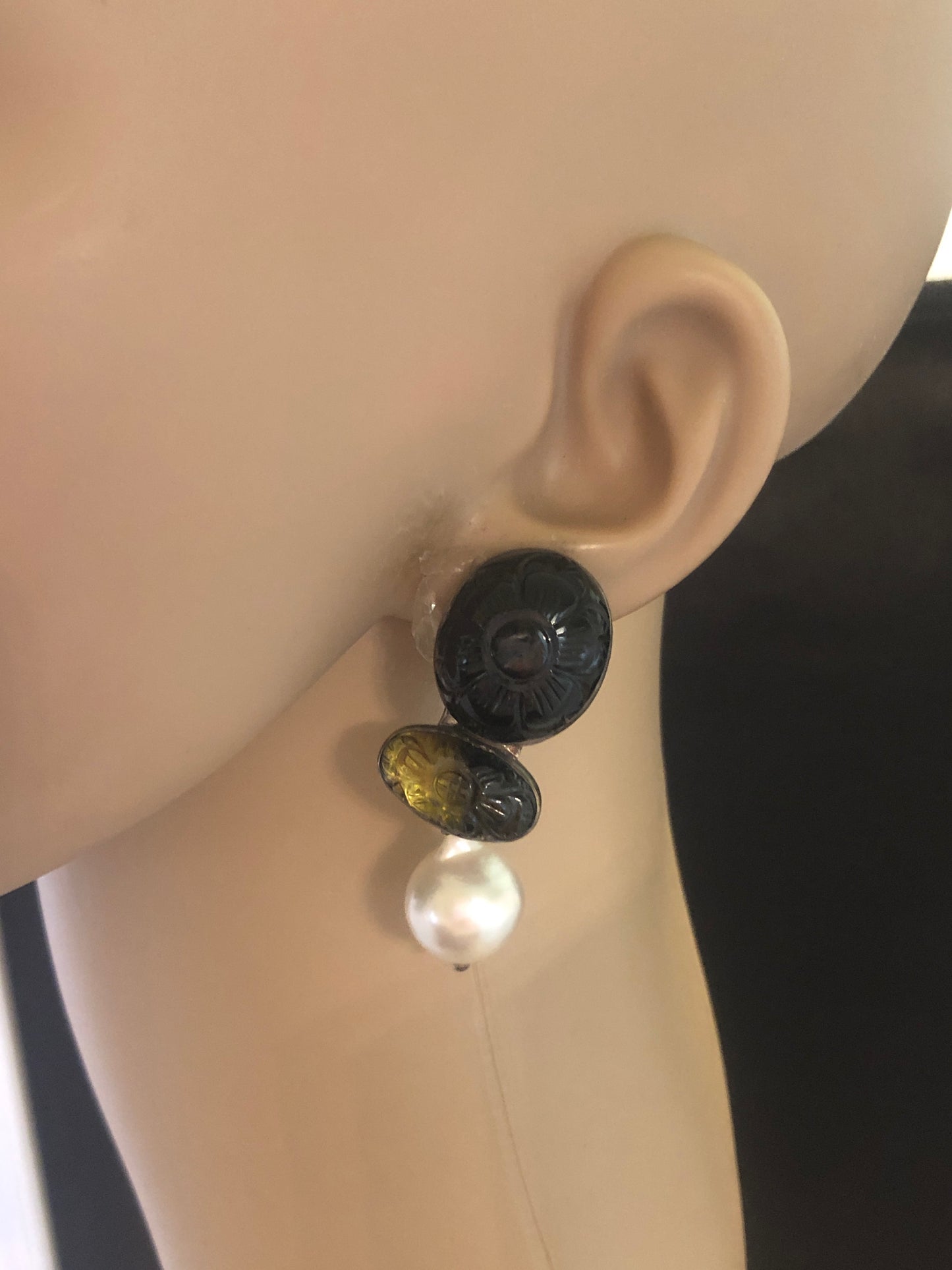 Dark Brownish/Black Tourmaline, Dark Green Tourmaline, White South Sea Pearl