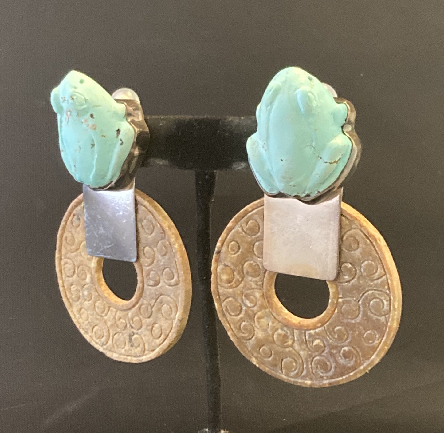 Vintage Carved Turquoise Frog, Brown Carved Jade