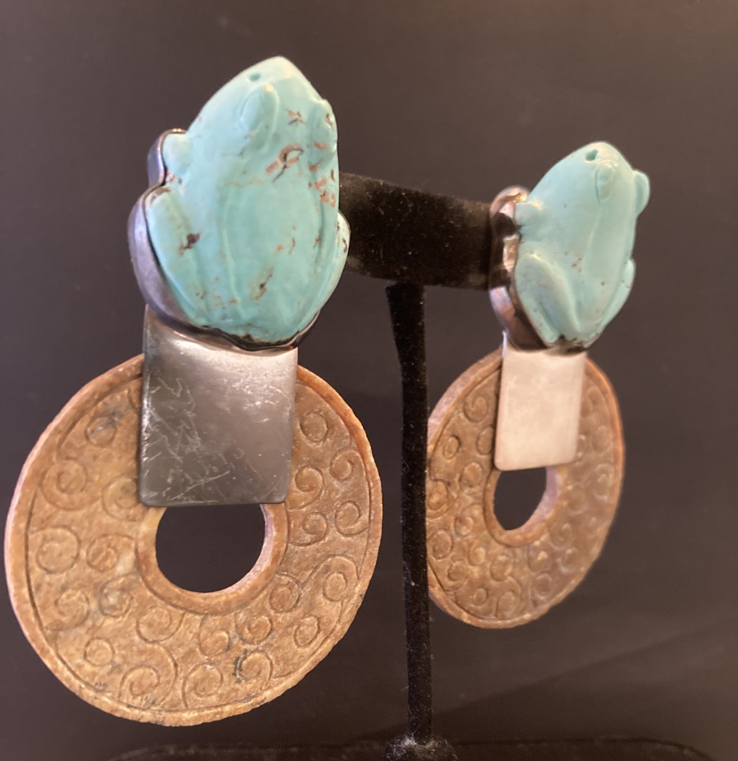 Vintage Carved Turquoise Frog, Brown Carved Jade