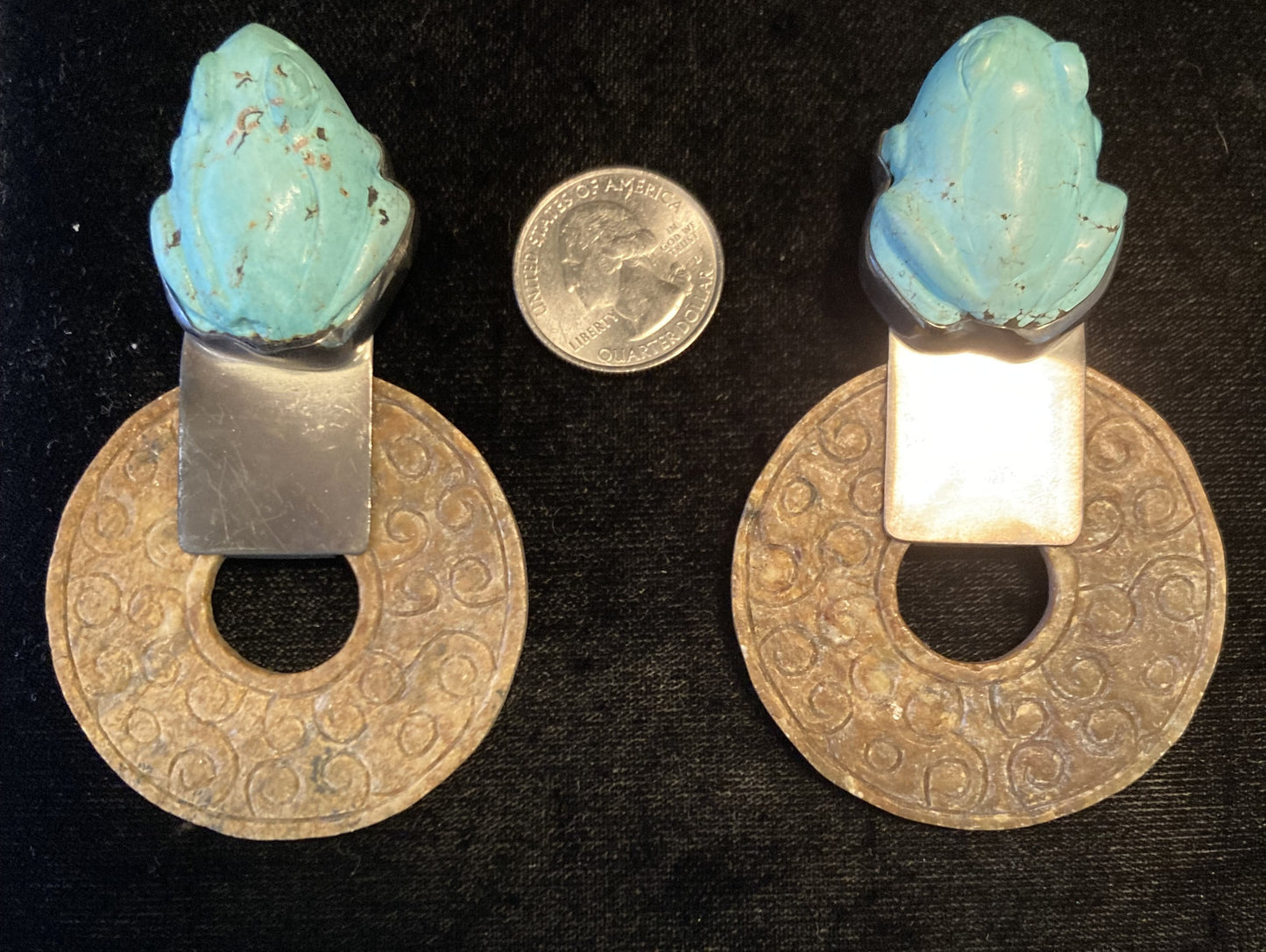 Vintage Carved Turquoise Frog, Brown Carved Jade
