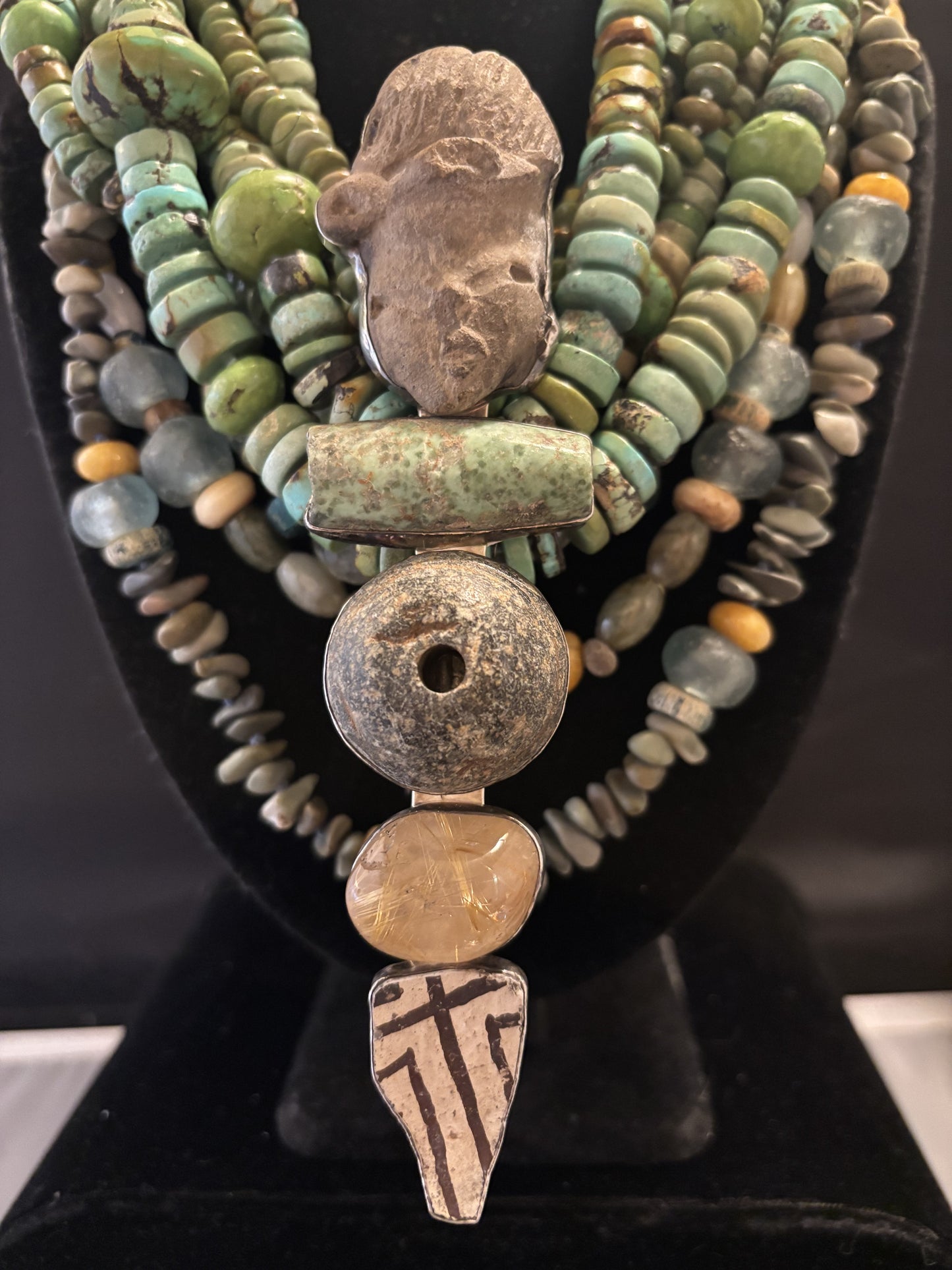 Vintage Columbian Artifact, Variscite, Whorl. Rutilated Qtz., Pottery Shard