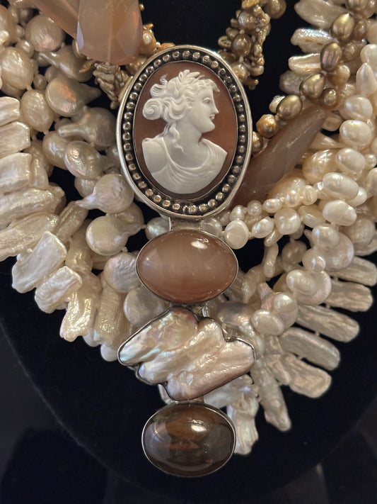 Vintage Cameo, Moonstone, Pearl, Amber