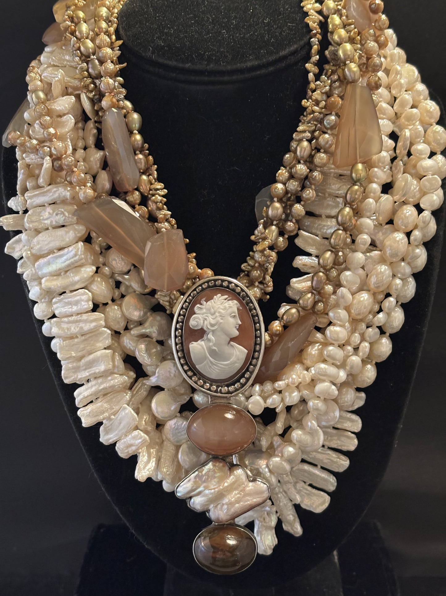 Vintage Cameo, Moonstone, Pearl, Amber