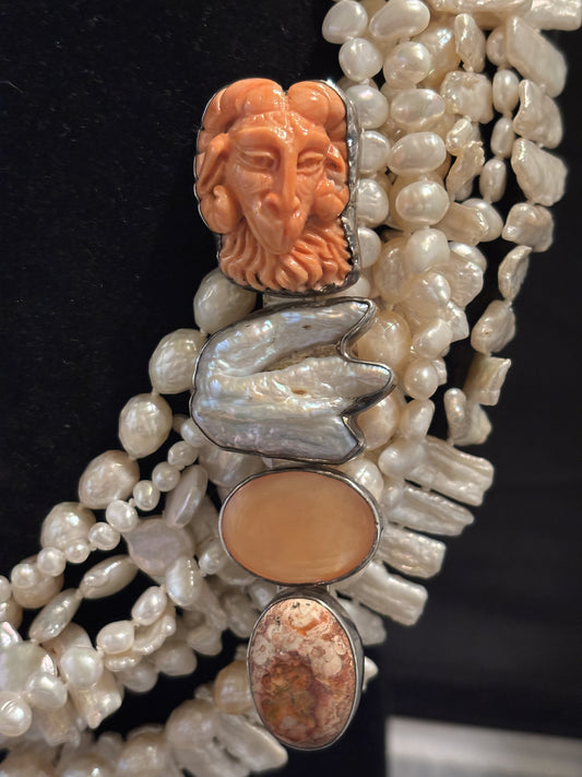 Vintage Italian Coral, Pearl, Moonstone, Opal