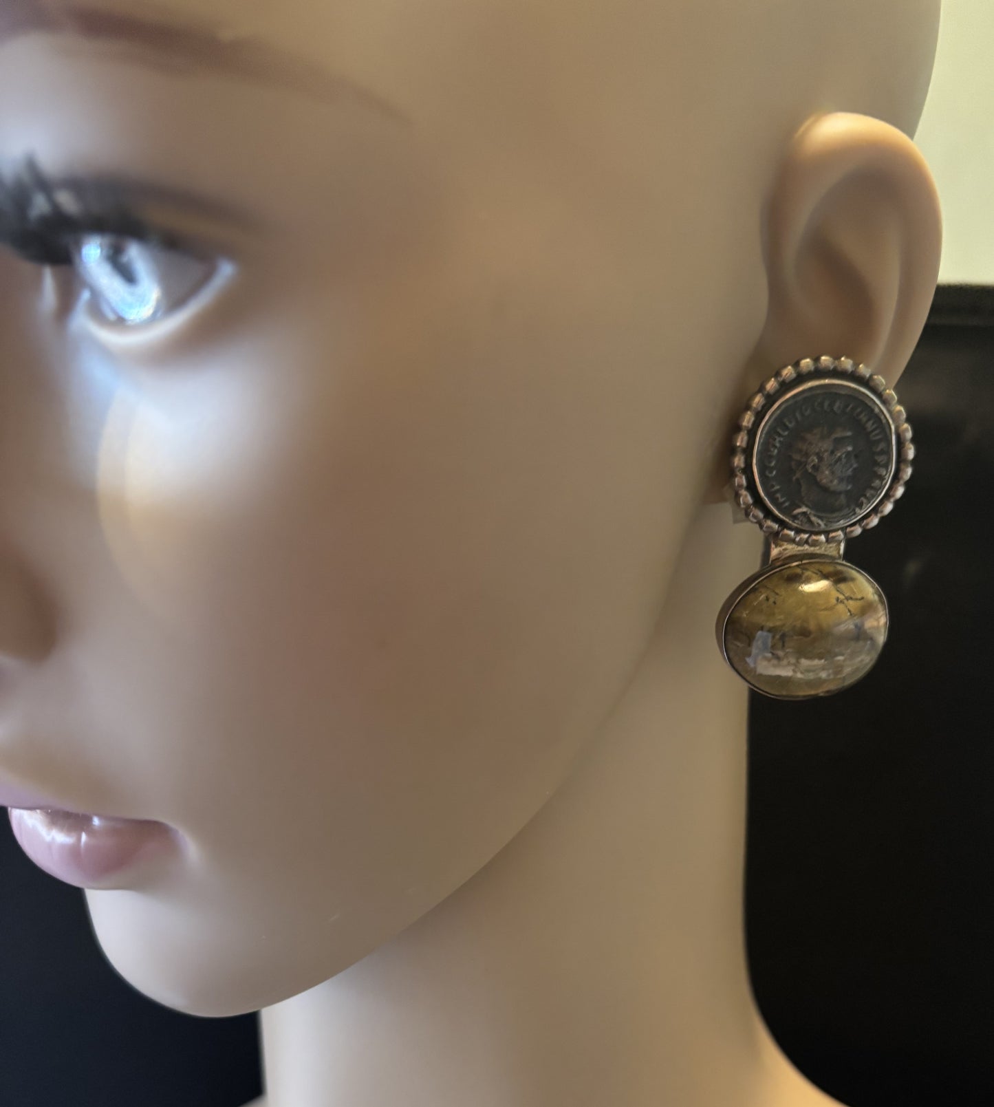 Old Roman Coin, Imperial Star Opal Earring
