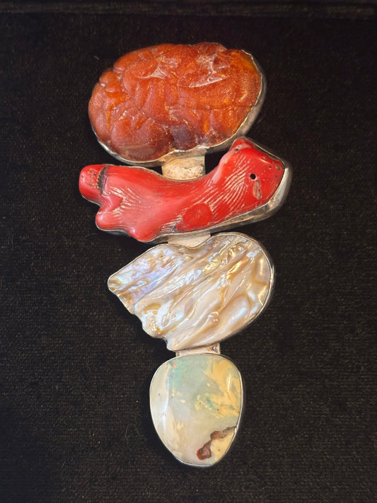 Carnelian, Branch Coral, Biwa Pearl, & Opal Pin