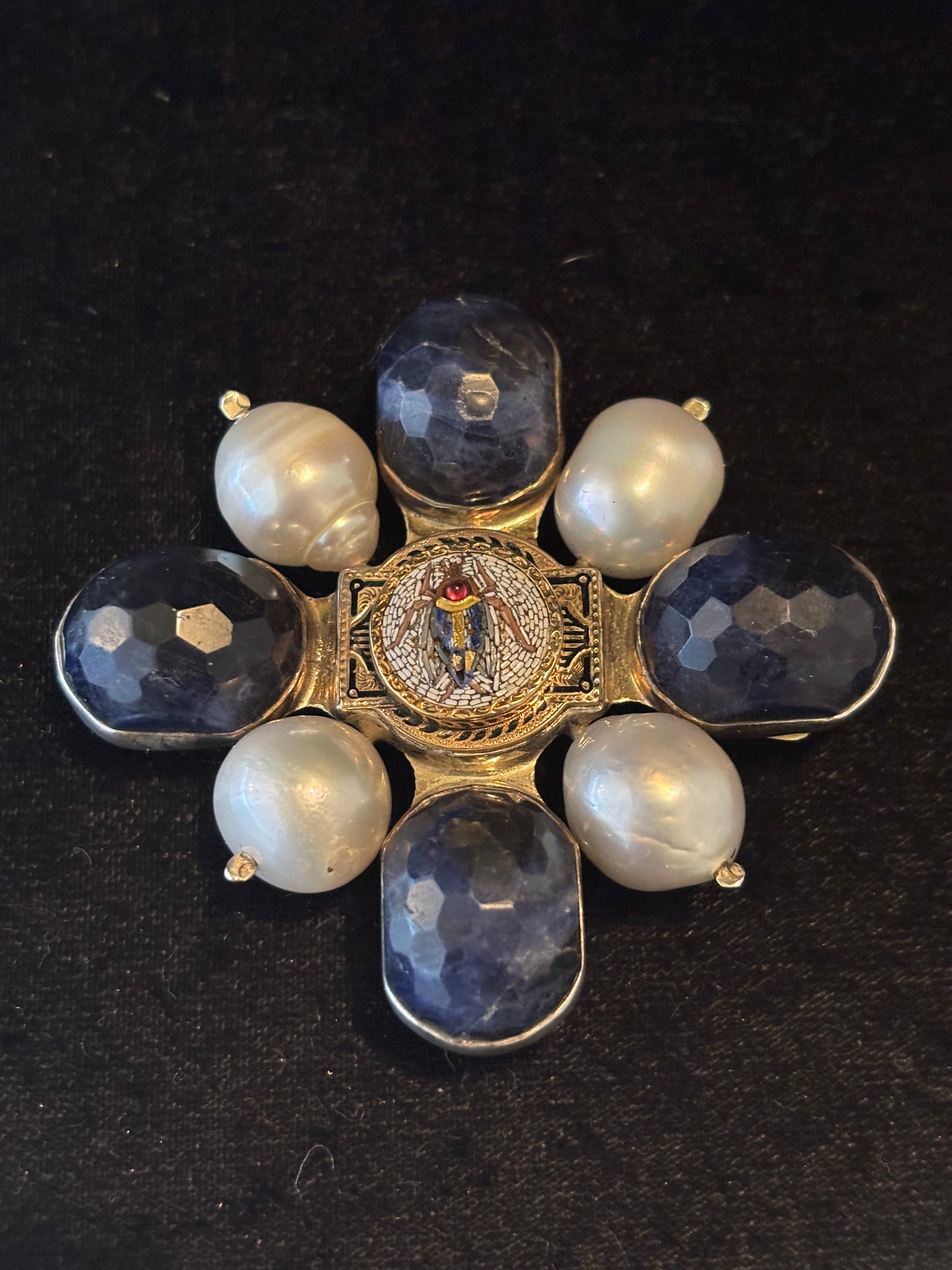 Faceted Sapphire, Pearl, Micro Mosaic Pin