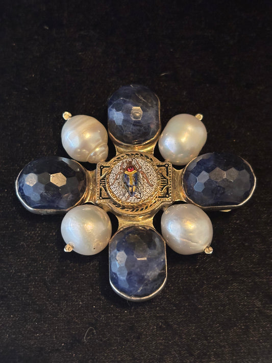 Faceted Sapphire, Pearl, Micro Mosaic Pin