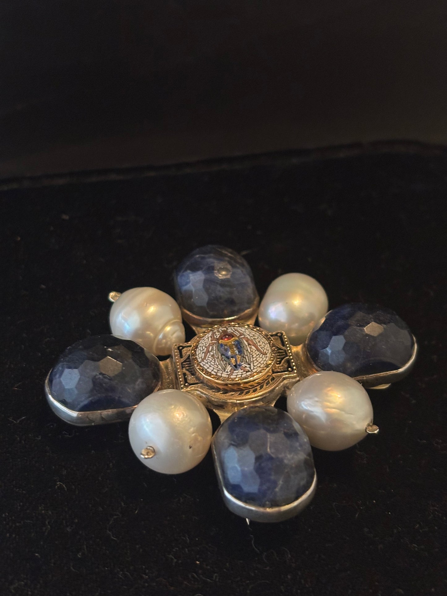 Faceted Sapphire, Pearl, Micro Mosaic Pin