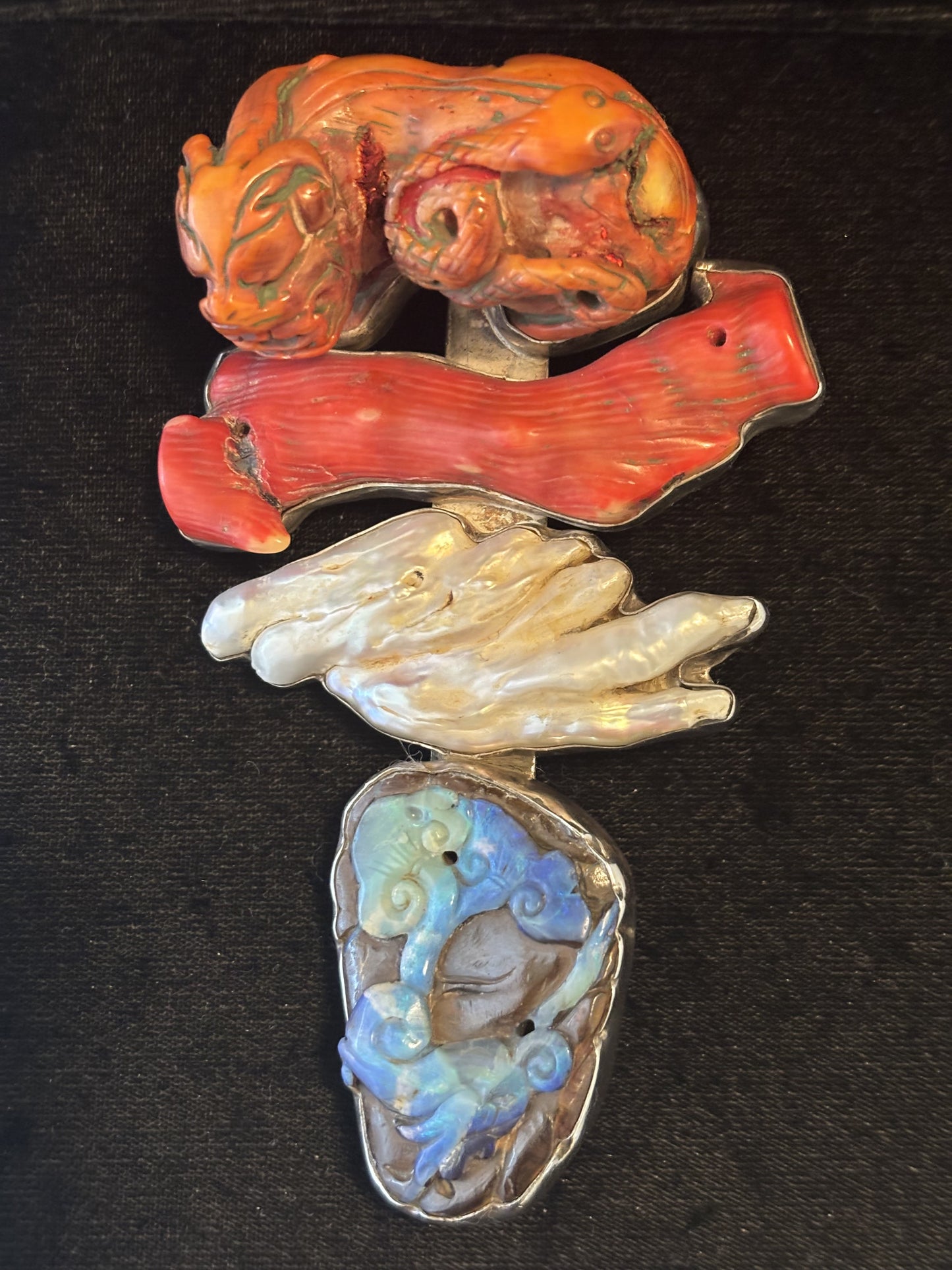 Carved coral, Branch coral, Biwa pearl, & Boulder opal pin