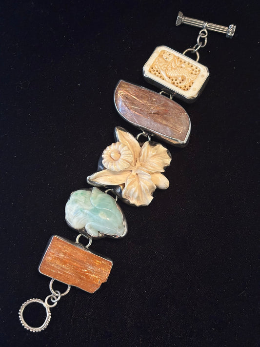 Imperial Topaz, Carved Aqua, Carved Bone Flower, Rutilated Quartz, & Bone Link Bracelet