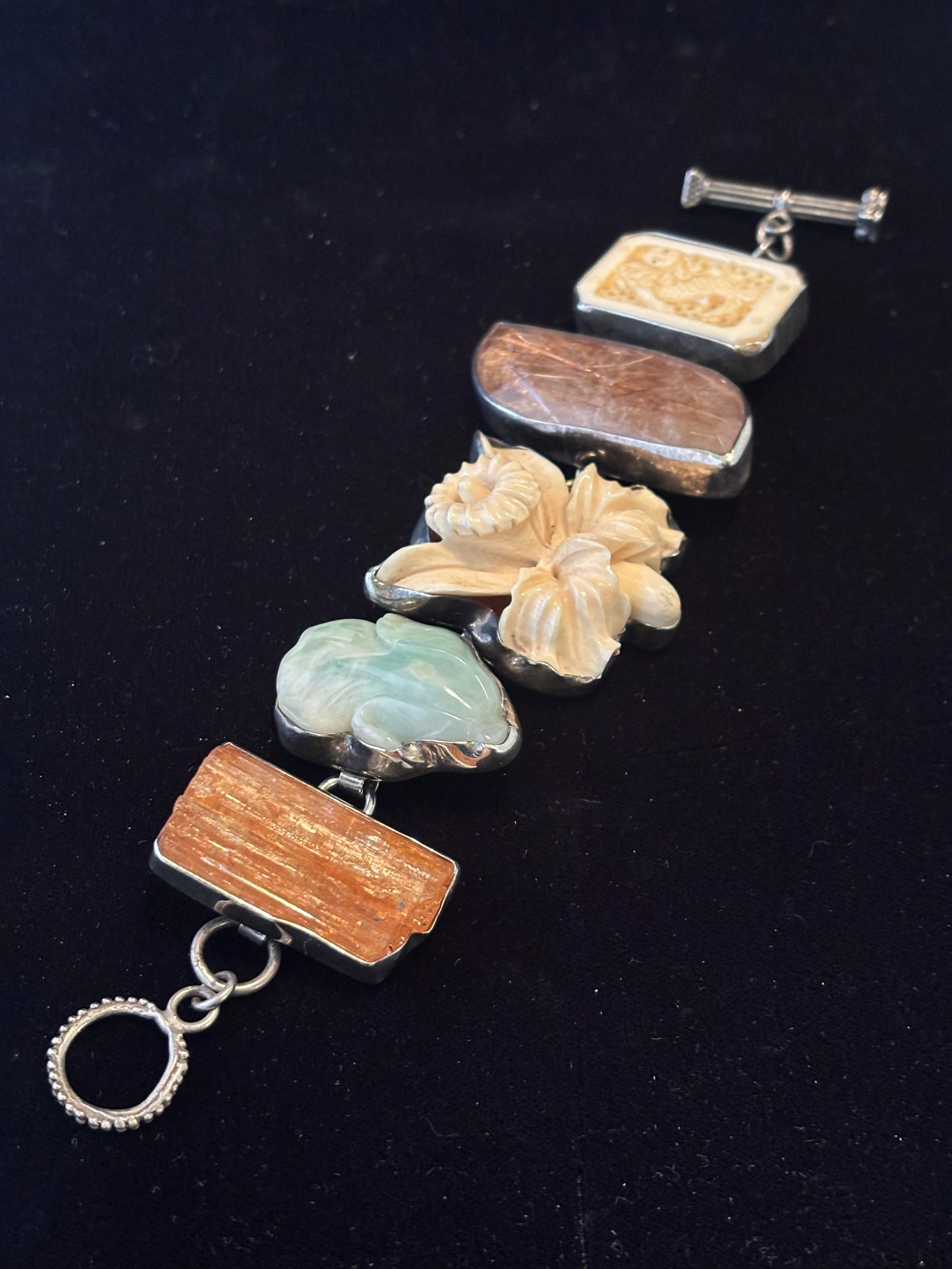 Imperial Topaz, Carved Aqua, Carved Bone Flower, Rutilated Quartz, & Bone Link Bracelet