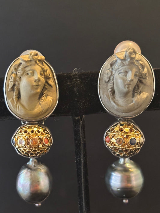 Vintage Gray Cameo, 24 kt. Dowry bead, South Sea Pearl Dangle Earring