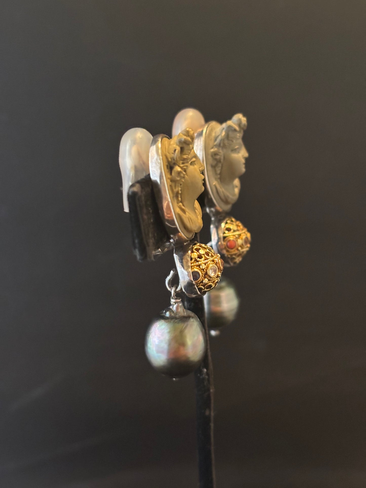 Vintage Gray Cameo, 24 kt. Dowry bead, South Sea Pearl Dangle Earring
