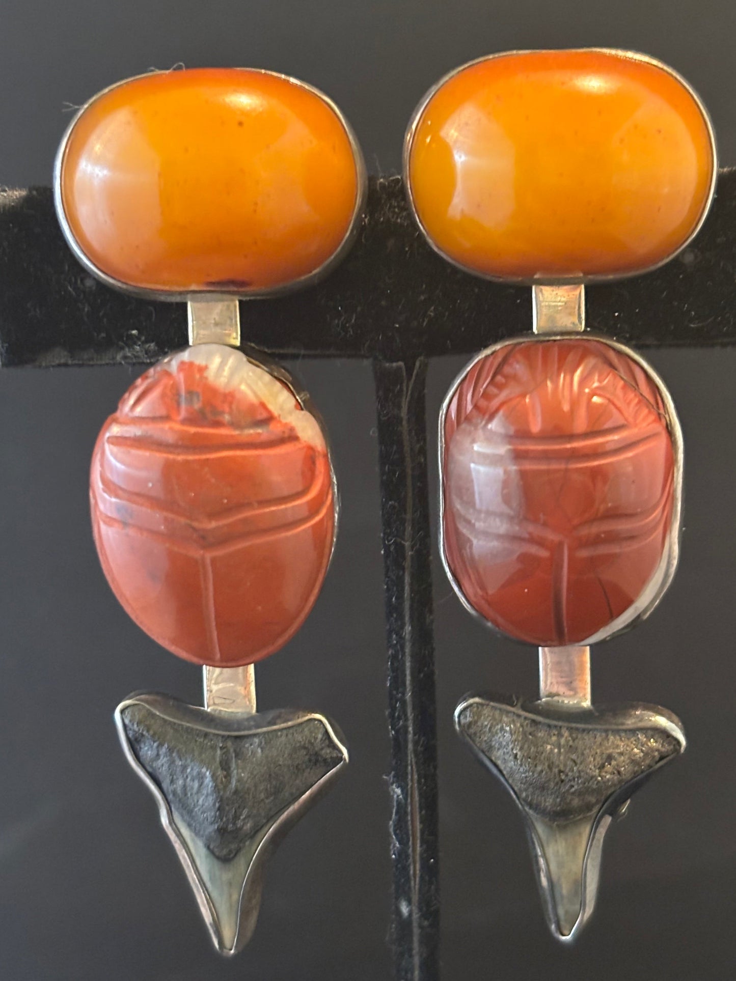 Amber, Scarab, Shark tooth Dangle Earring