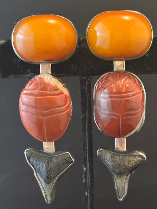 Amber, Scarab, Shark tooth Dangle Earring