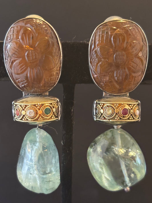 Carved Citrine, 24K Gold dowry bead, Aquamarine dangle earring
