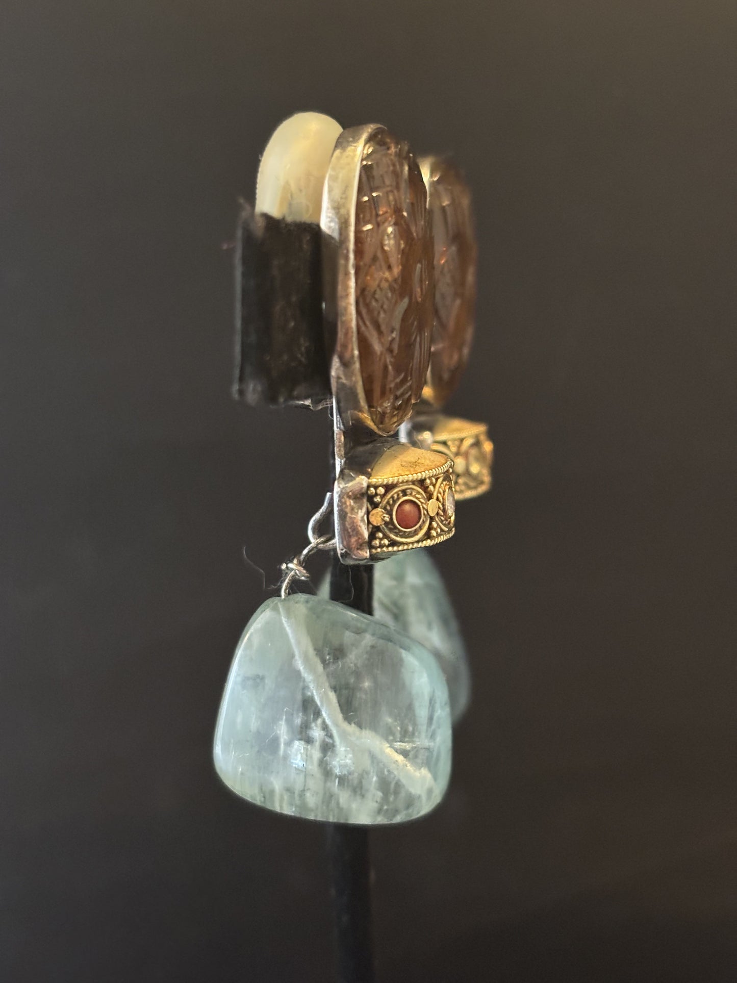 Carved Citrine, 24K Gold dowry bead, Aquamarine dangle earring