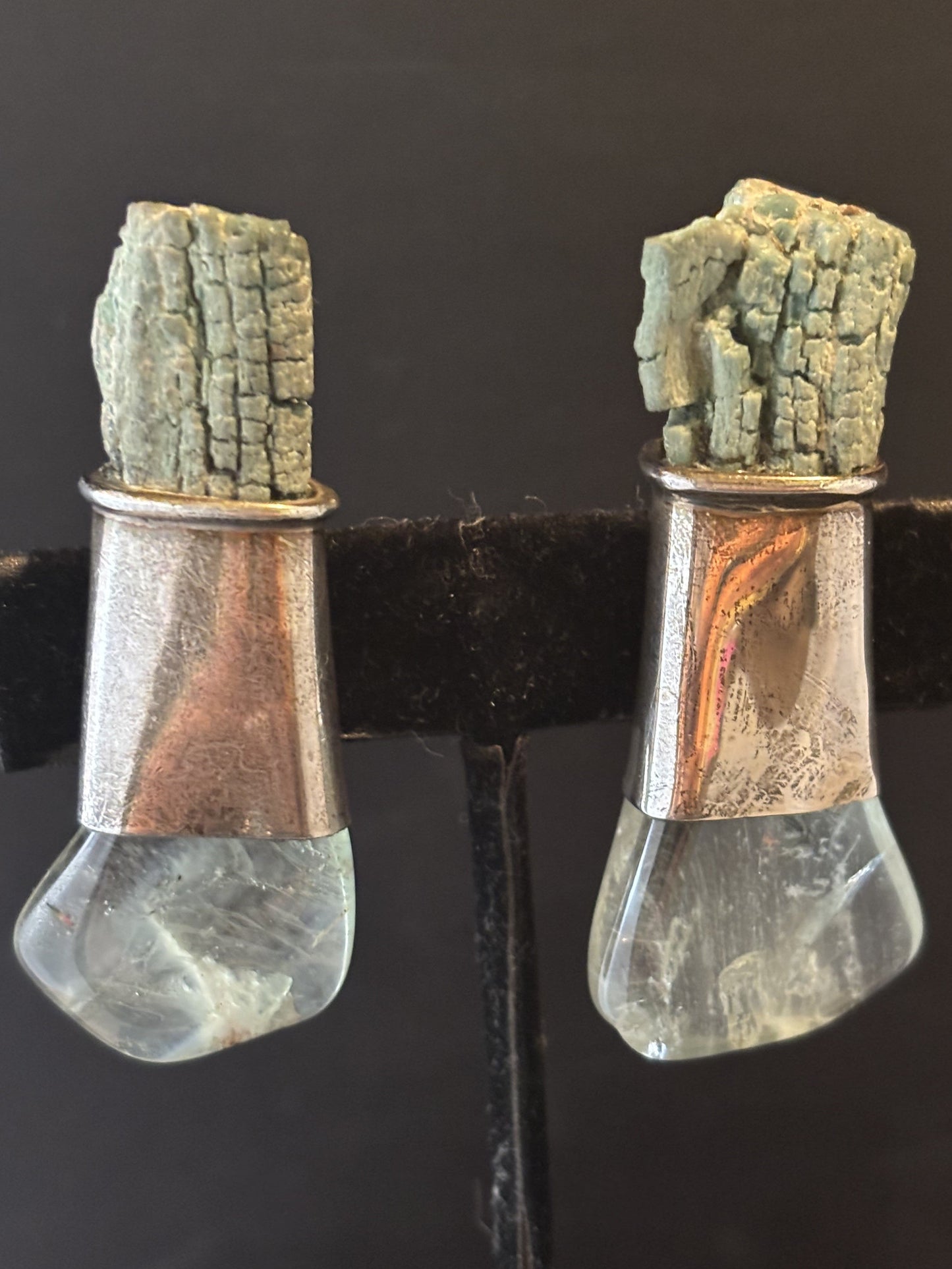 Rare Green Petrified Wood, Blue Topaz Earring