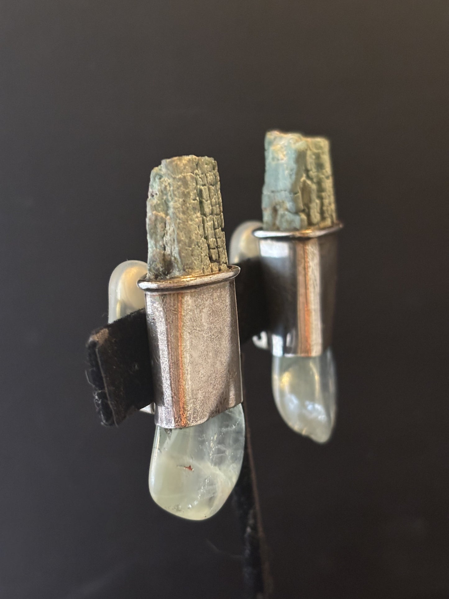 Rare Green Petrified Wood, Blue Topaz Earring