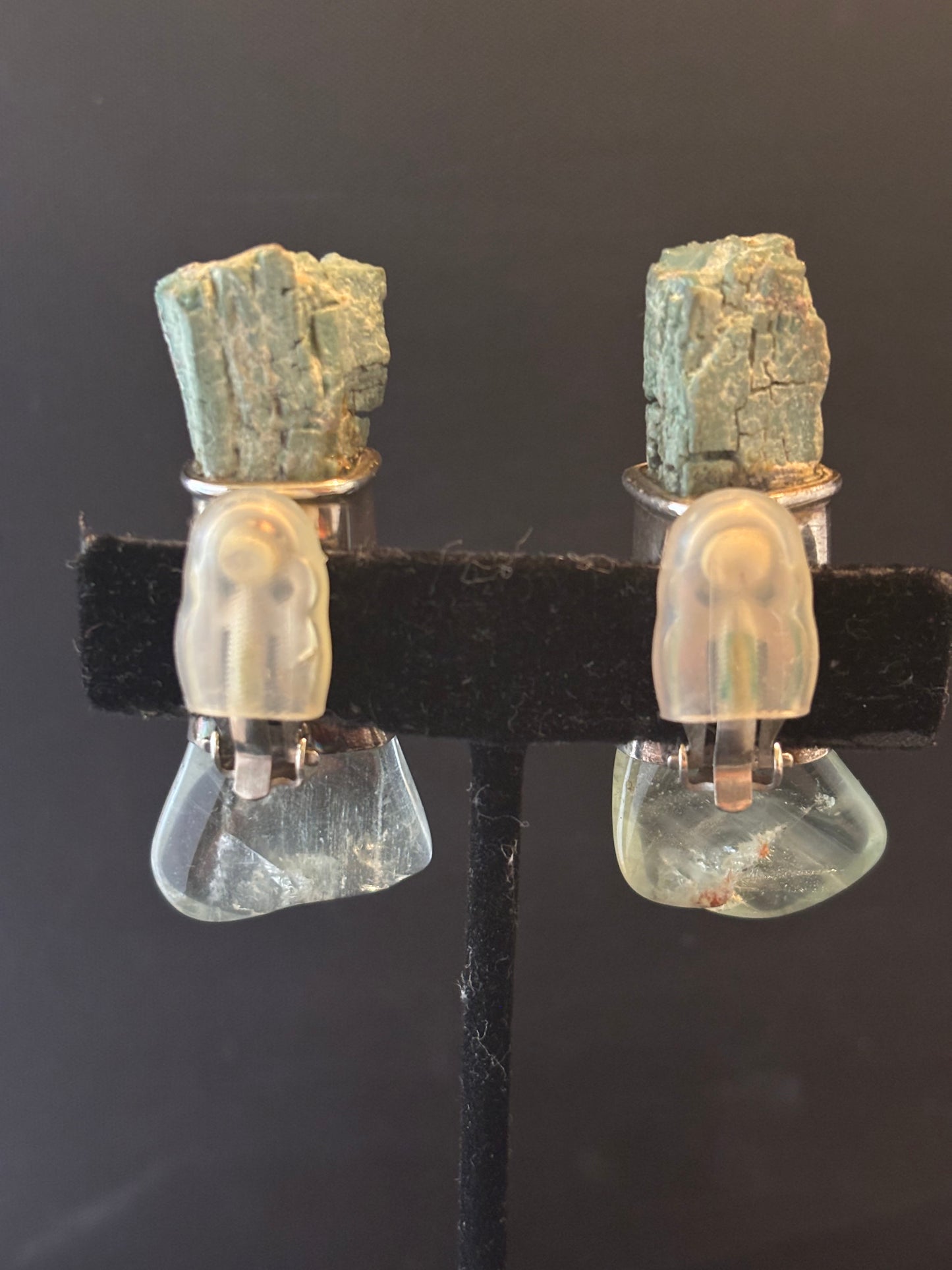 Rare Green Petrified Wood, Blue Topaz Earring