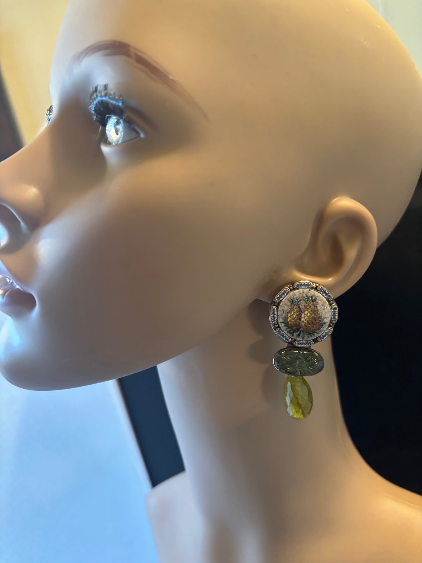 Micro mosaic, Green Tourmaline Dangle Earring