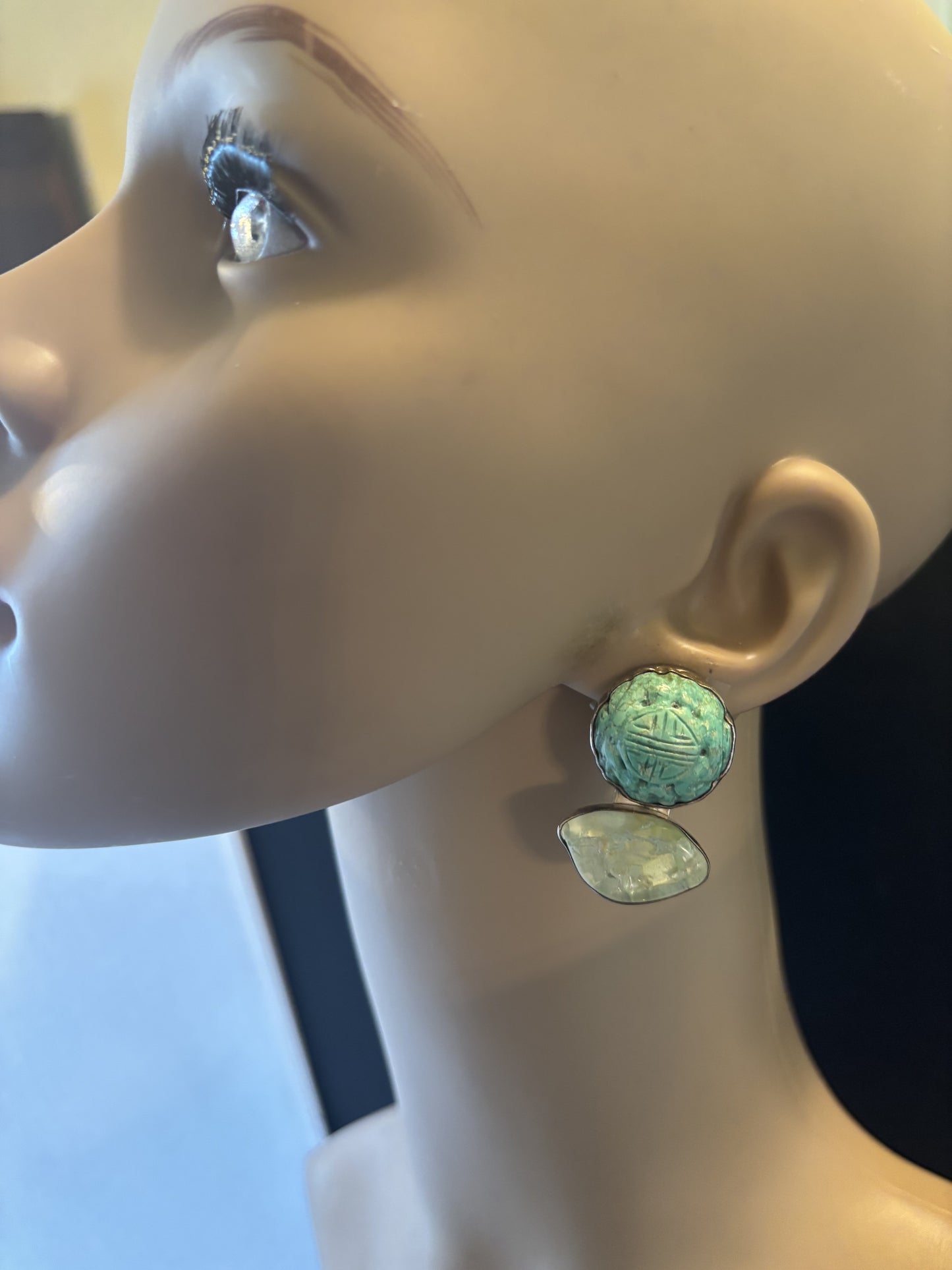 Carved Turquoise, Blue Topaz Earring