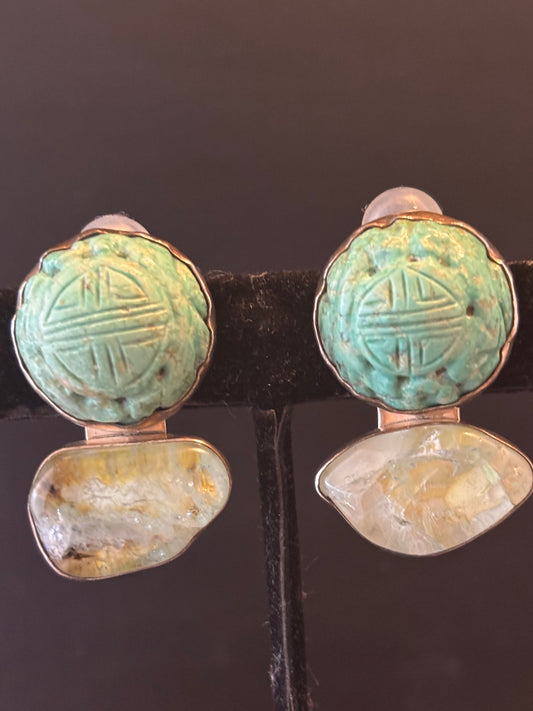 Carved Turquoise, Blue Topaz Earring