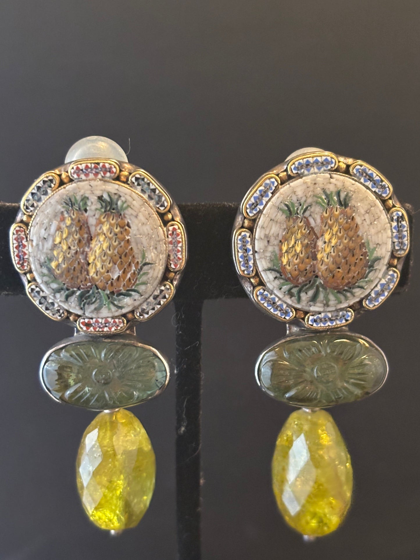 Micro mosaic, Green Tourmaline Dangle Earring