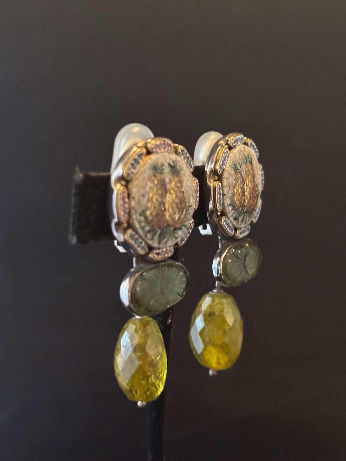 Micro mosaic, Green Tourmaline Dangle Earring