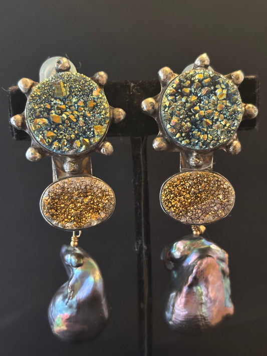 Druzy, South Sea Pearl Dangle Earring