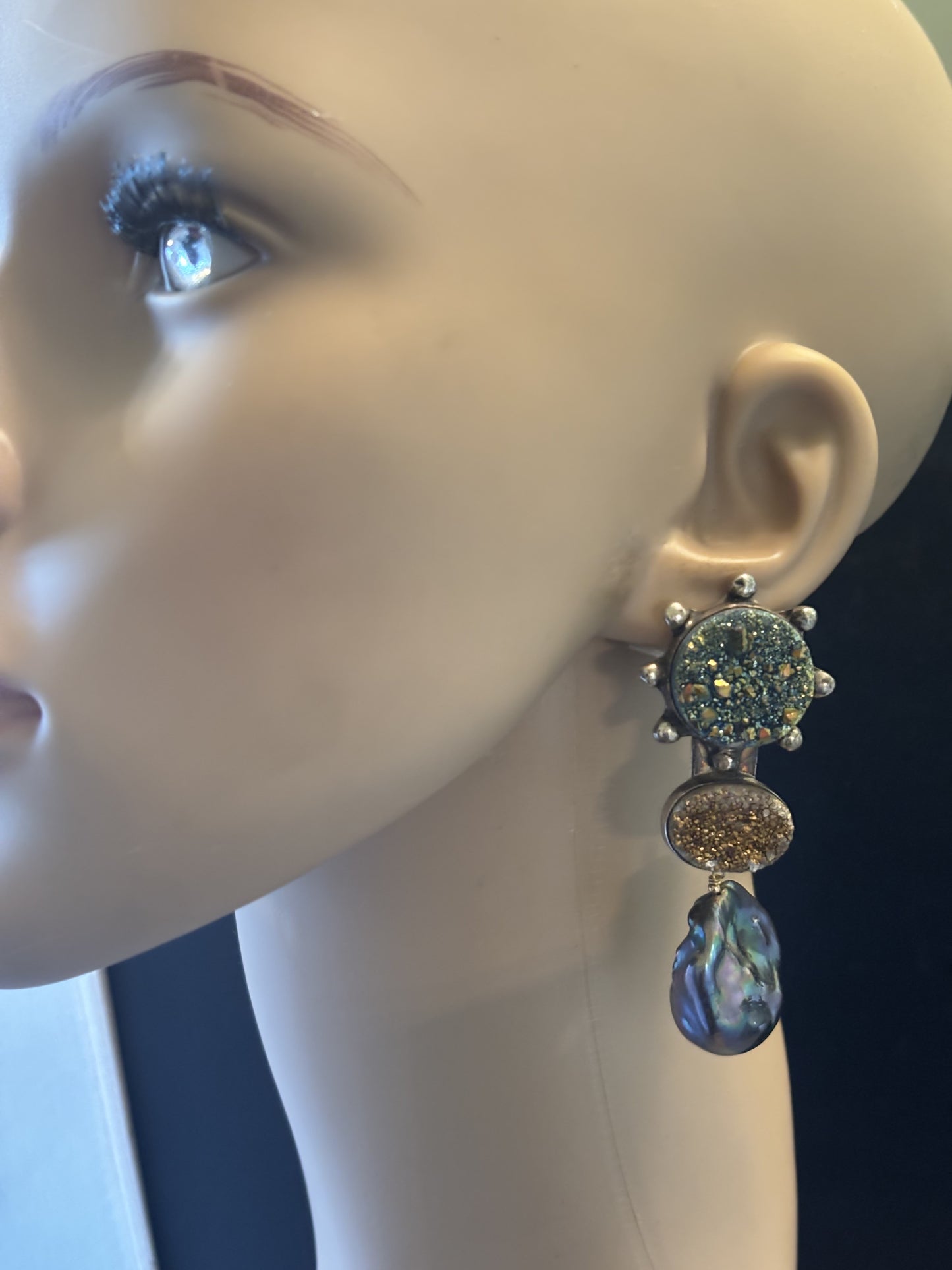 Druzy, South Sea Pearl Dangle Earring