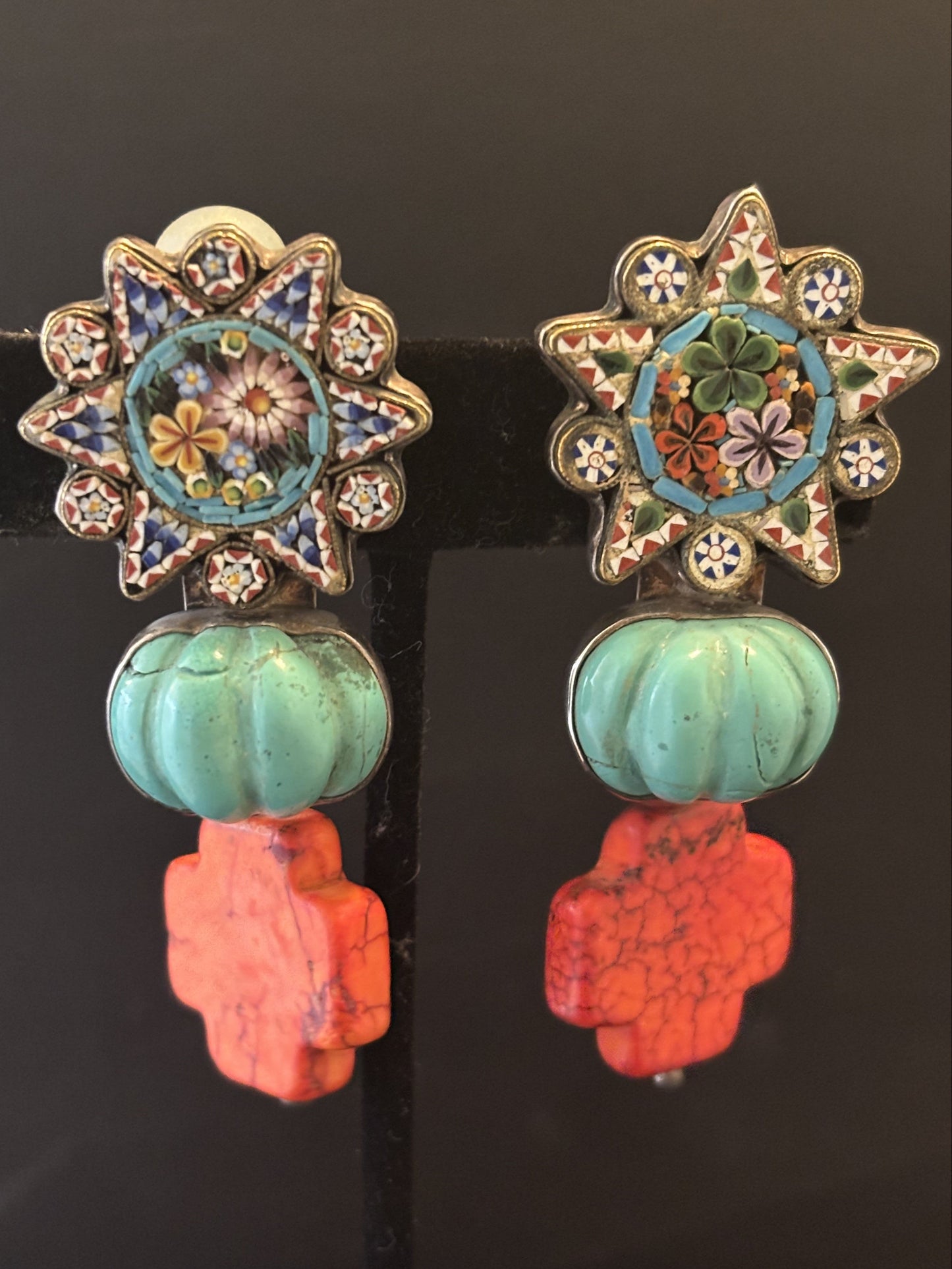 Micro Mosaic, Turquoise, & Coral Dangle Earring