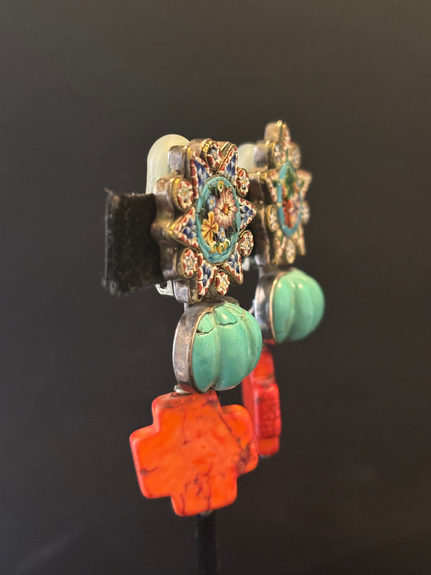 Micro Mosaic, Turquoise, & Coral Dangle Earring