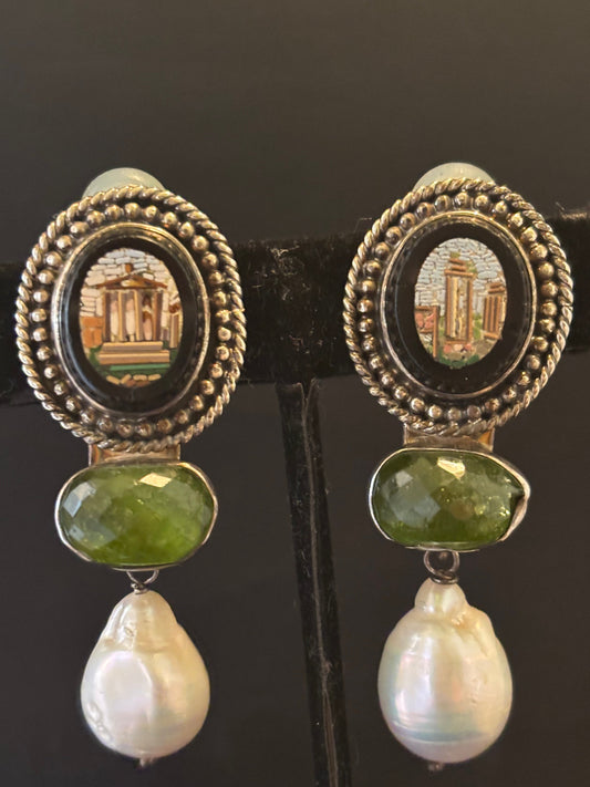 Micromosaic, Tourmaline, South Sea Pearl dangle earring