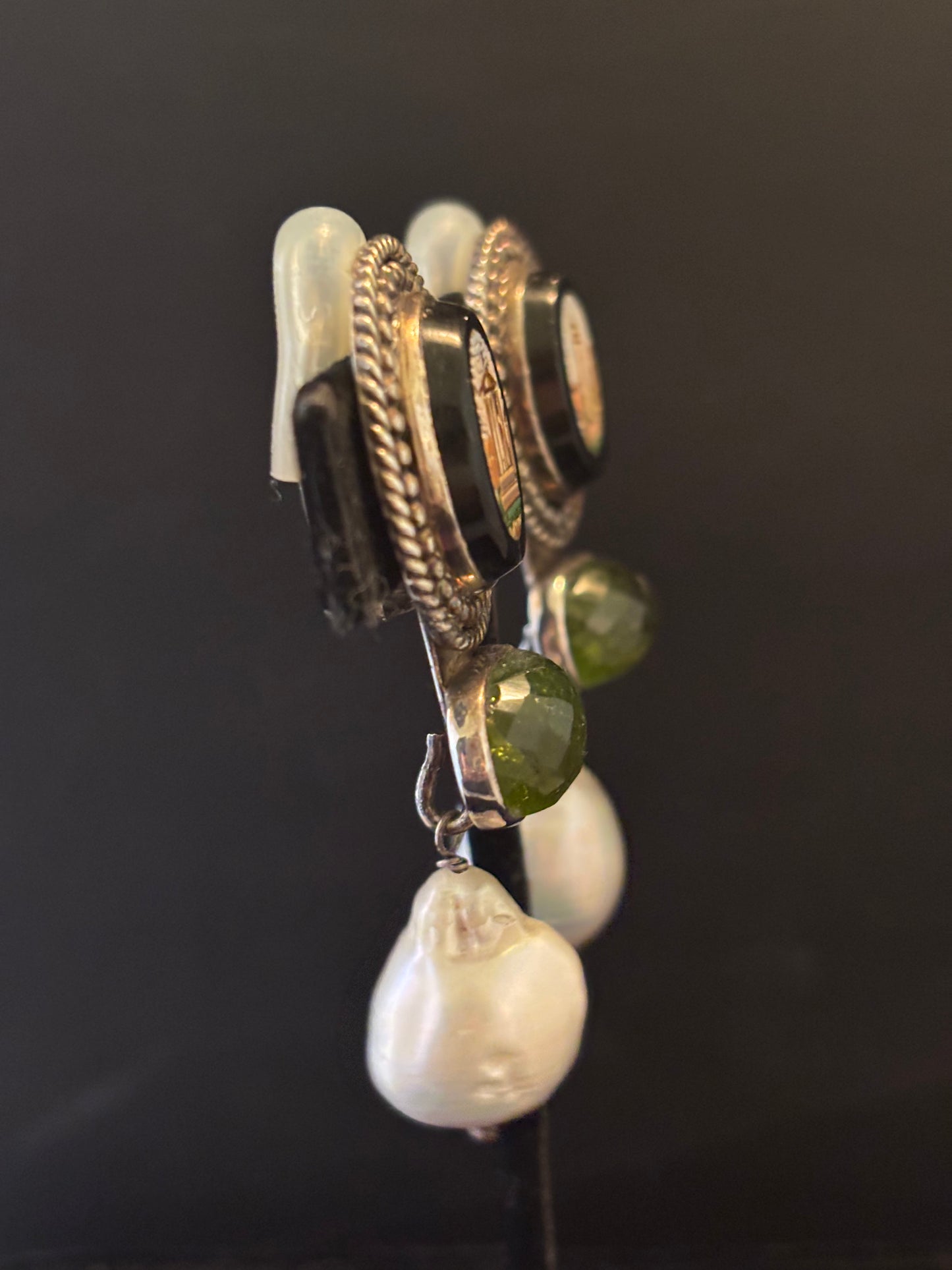 Micromosaic, Tourmaline, South Sea Pearl dangle earring