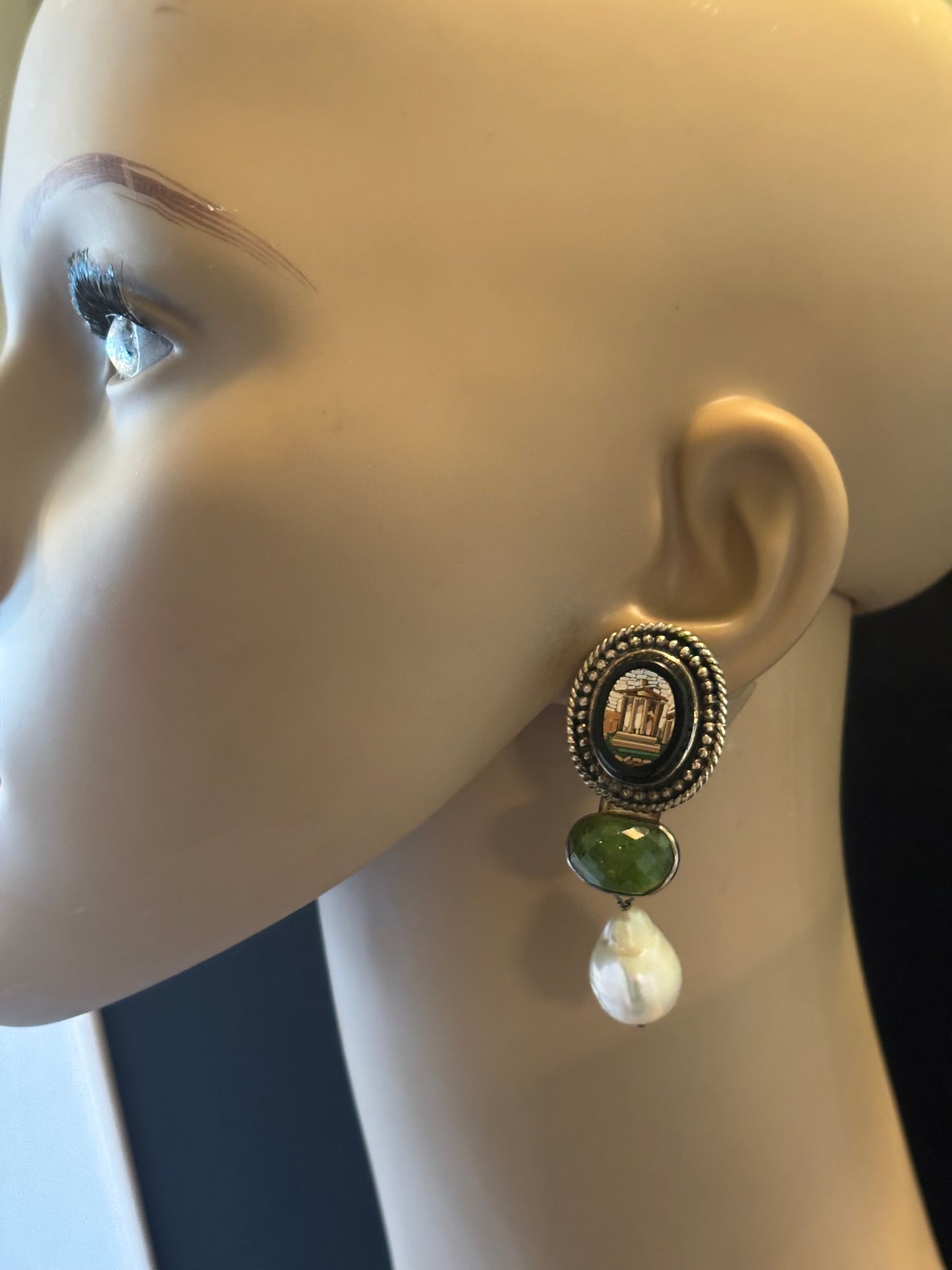 Micromosaic, Tourmaline, South Sea Pearl dangle earring