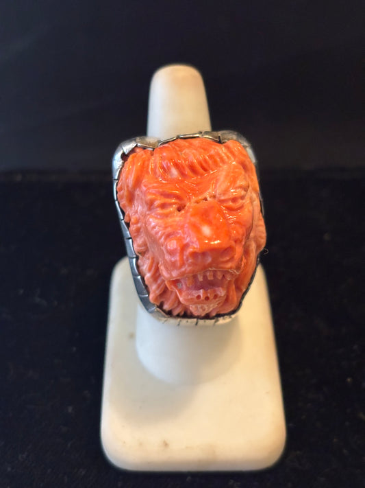 Italian Orange Coral Lion Ring