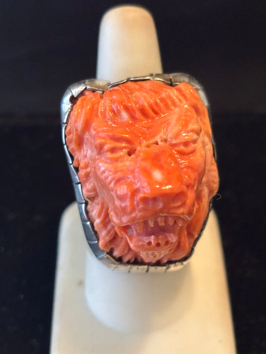 Italian Orange Coral Lion Ring